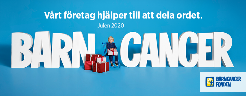 Bilden visar Bancancerfondens logotyp och ett sittande barn